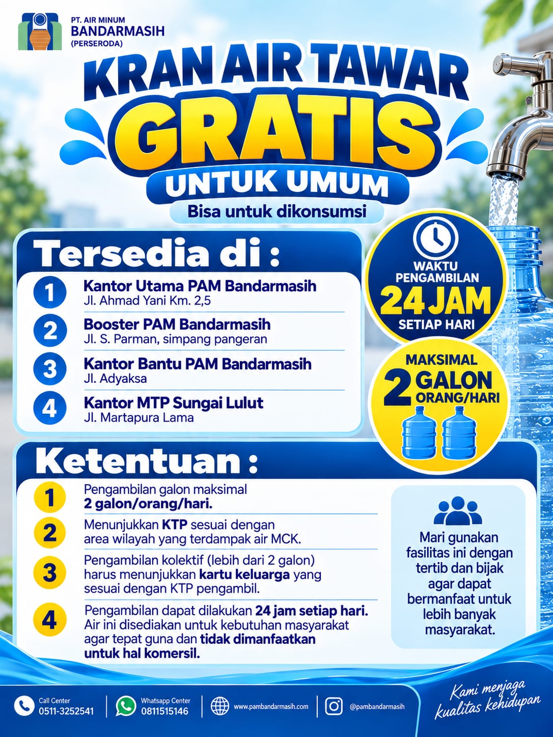 PAM Bandarmasih Buka Keran Air Minum Gratis 24 Jam di 4 Titik Banjarmasin, Warga Wajib Bawa KTP