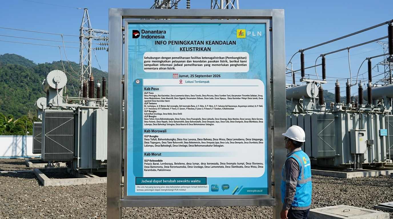PLN Padamkan Listrik di Poso, Morowali, dan Morut Hari Ini, Cek 2 Sesi Jadwalnya