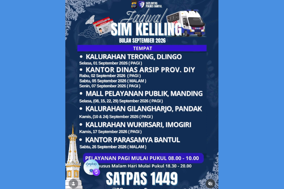 Jadwal SIM Keliling Bantul September 2026, Layanan Pagi dan Malam Tersebar di 6 Lokasi