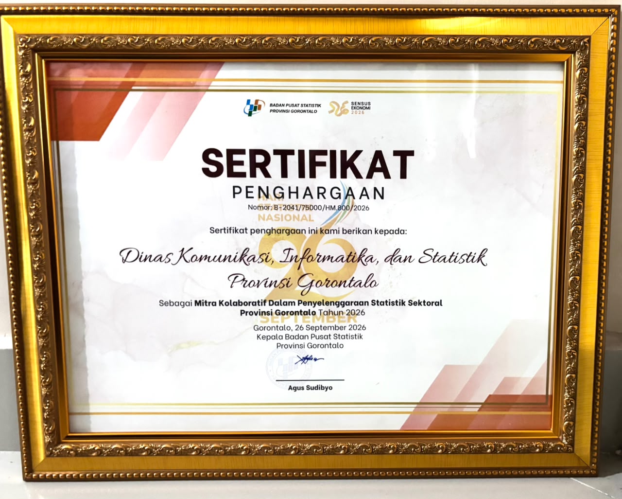 Diskominfotik Gorontalo Raih Penghargaan BPS atas Kolaborasi Statistik Sektoral di HSN 2026