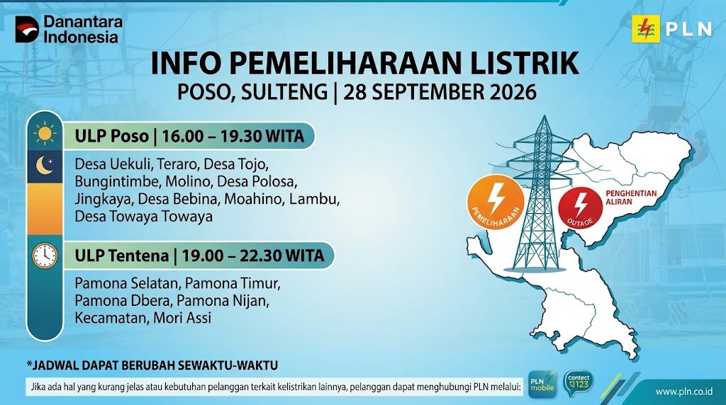PLN Padamkan Listrik di Palu, Sigi, Donggala, Poso, Morowali Senin 28 September 2026, Cek Jadwal Lengkapnya