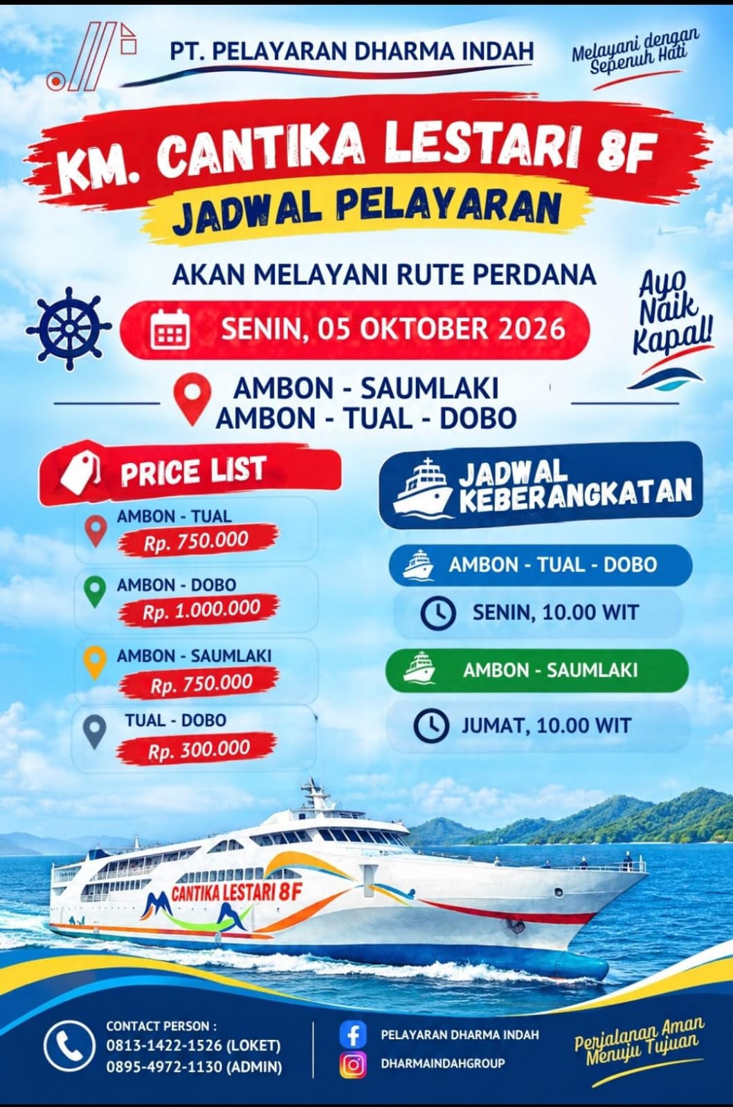 KM Cantika Lestari 8F Layani Rute Perdana Ambon–Tual–Dobo Mulai 5 Oktober 2026, Tarif Mulai Rp300.000