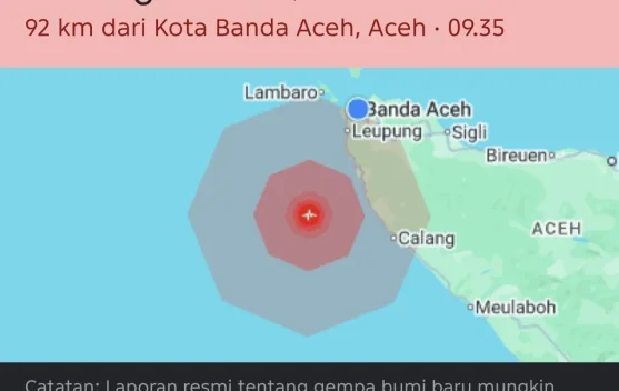 Gempa Magnitudo 4,6 Terdeteksi 92 Km dari Banda Aceh, Getaran Tercatat di Perairan Calang-Meulaboh