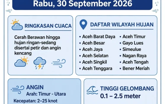 BMKG Aceh Peringatkan Hujan Petir dan Angin Kencang di 12 Wilayah, Gelombang Laut Capai 2,5 Meter