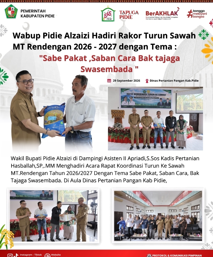 Pemkab Pidie Targetkan Tanam Padi 24.713 Hektare di MT Rendeng 2026-2027, Produksi Diproyeksi 153 Ribu Ton GKP