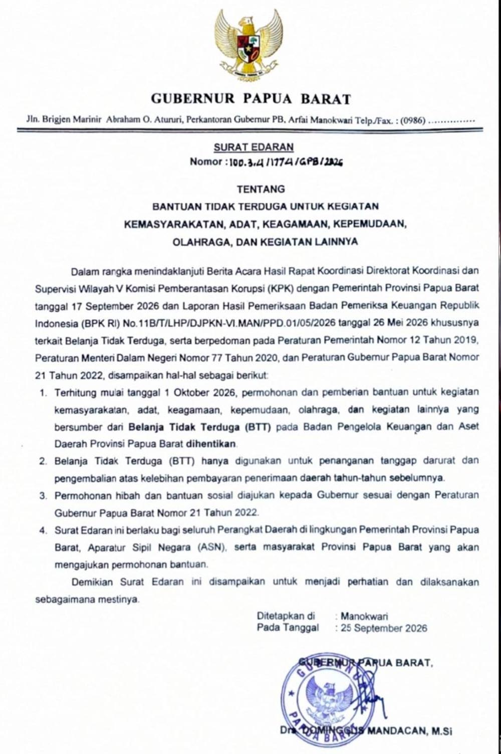 Pemprov Papua Barat Setop Bantuan Kegiatan Kemasyarakatan hingga Olahraga dari BTT Mulai 1 Oktober 2026