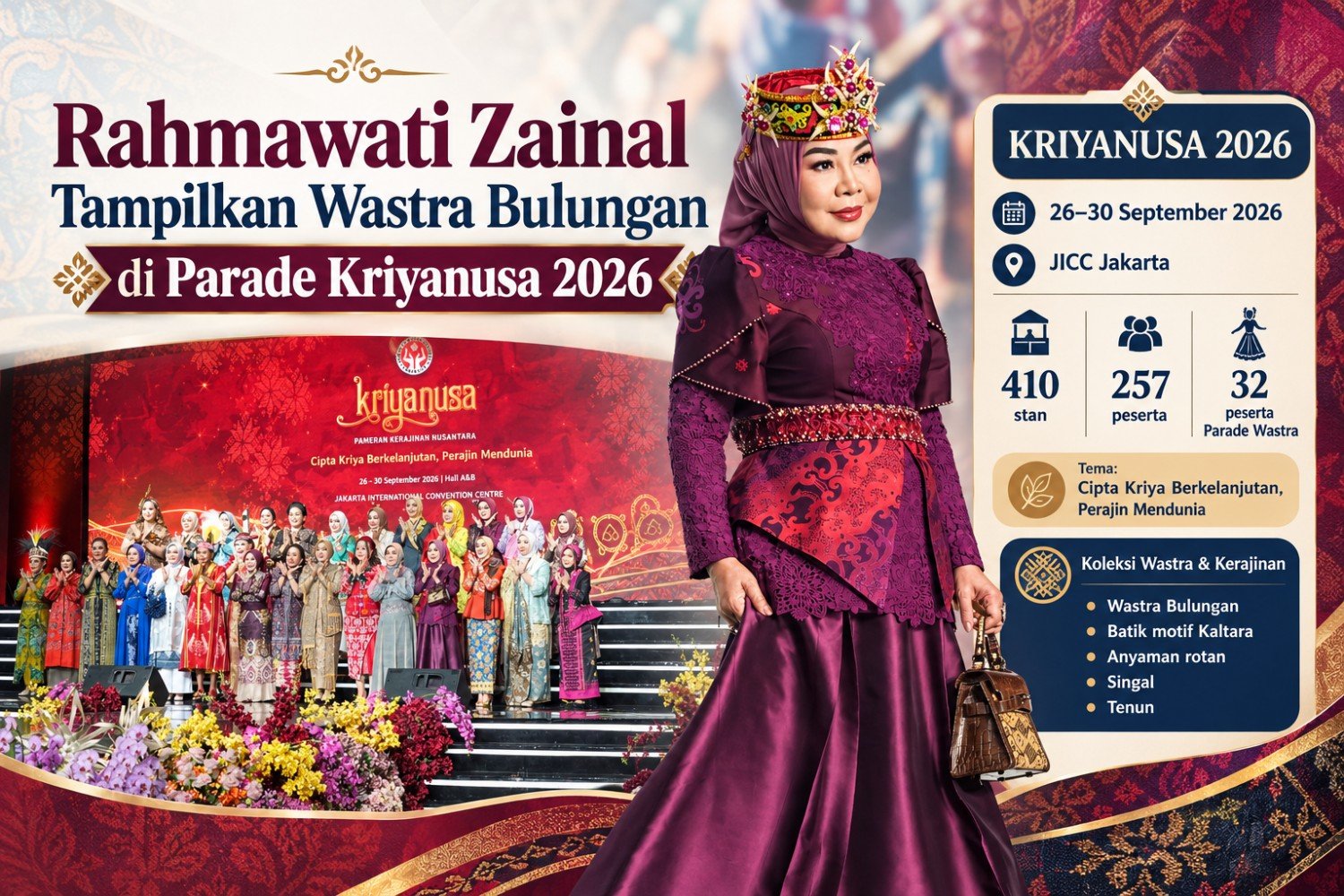 Ketua Dekranasda Kaltara Bawa Batik Bulungan dan Topi Dayak ke Parade Wastra Kriyanusa 2026 di Jakarta