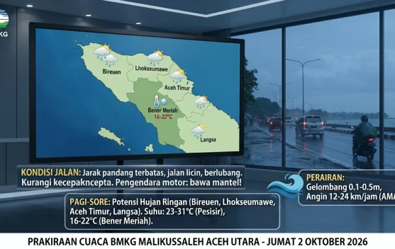 BMKG Malikussaleh Prediksi Hujan Ringan di 4 Kabupaten Pesisir Aceh, Gelombang Laut Aman untuk Nelayan