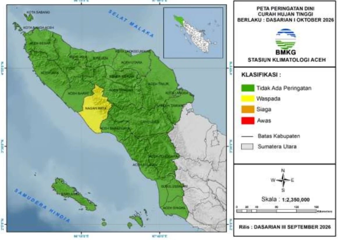 BMKG Peringatkan Hujan Lebat di 22 Kabupaten/Kota Aceh pada 1–10 Oktober, Nagan Raya Berstatus Waspada