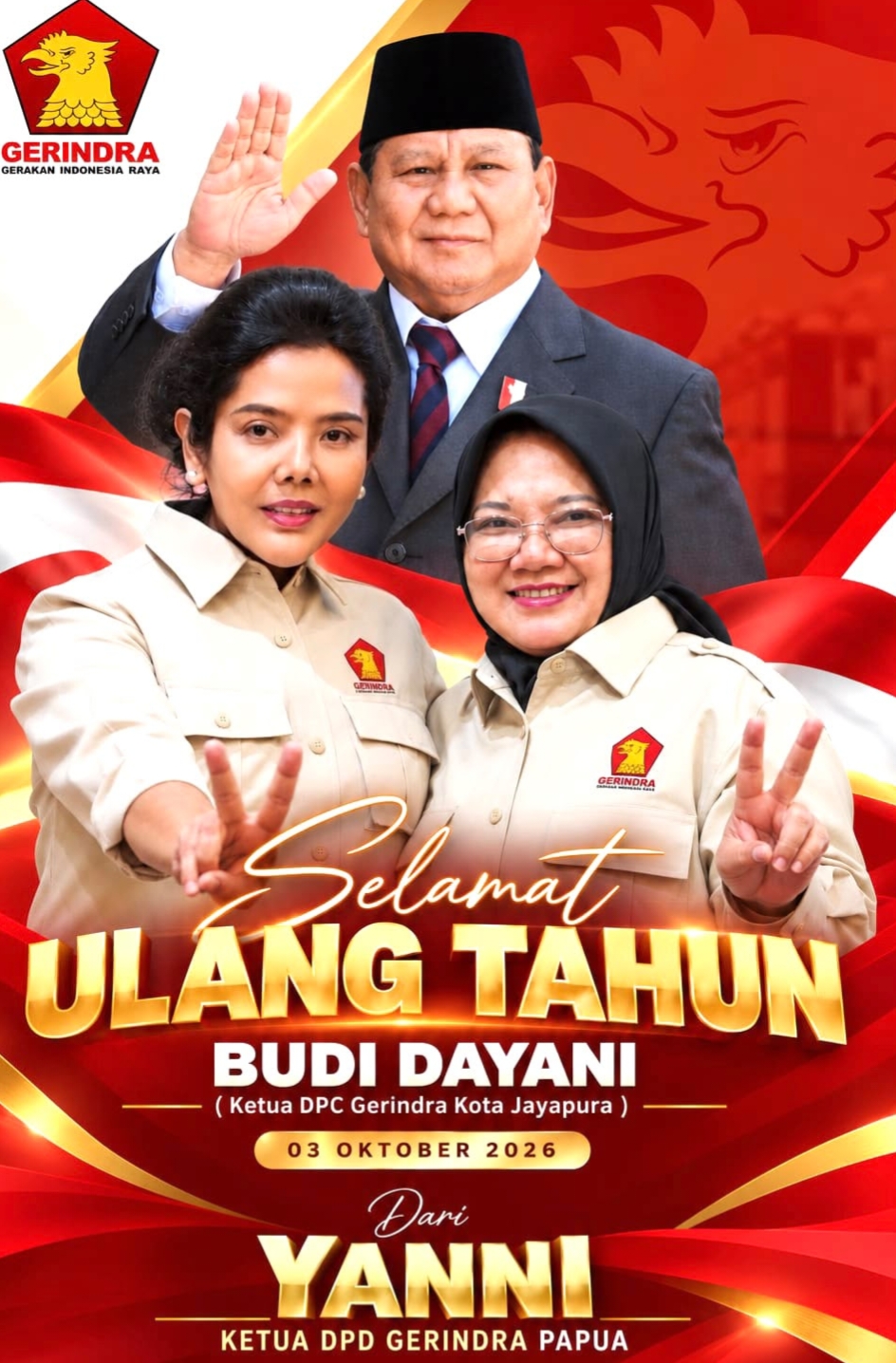 Ketua Gerindra Papua Yanni Doakan Budi Dayani di Ultahnya, Sebut Perempuan Tangguh yang Setia Berjuang untuk Partai