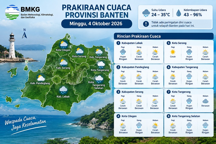 BMKG Prakiraan Cuaca Banten Minggu 4 Oktober 2026: 8 Wilayah Diguyur Hujan Ringan, Suhu Capai 35 Derajat