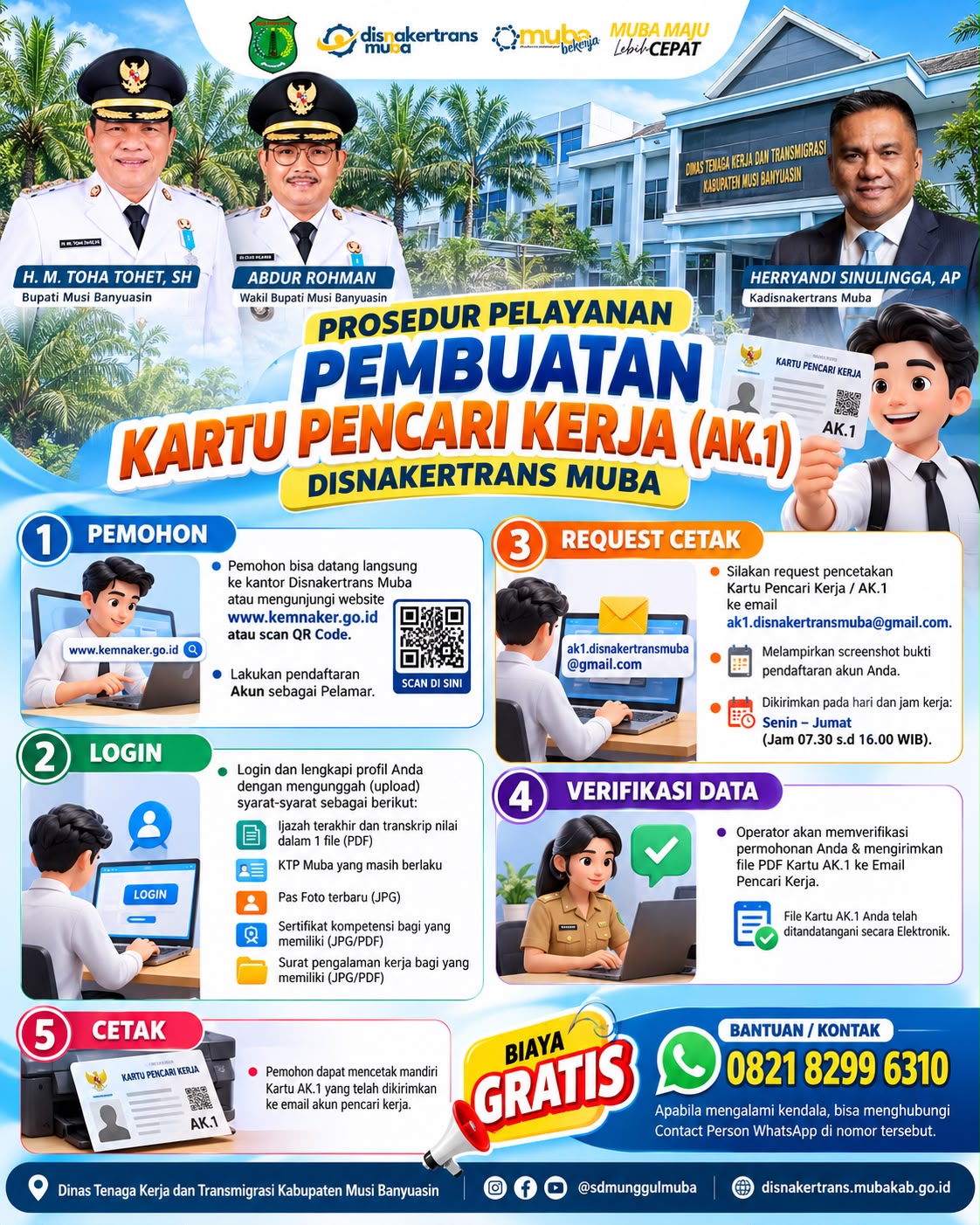 Disnakertrans Muba Gratiskan Kartu Pencari Kerja AK.1, Prosesnya Kini Bisa Lewat Email dan WhatsApp