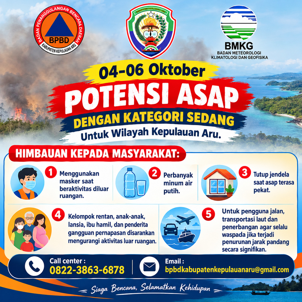 Pemkab Kepulauan Aru Imbau Warga Kurangi Aktivitas Luar Ruangan saat Potensi Asap Sedang 4–6 Oktober 2026