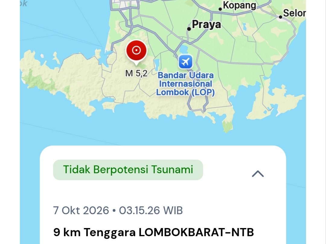 Gempa M5,2 Guncang Lombok Barat Dini Hari, Warga Mataram Merasakan Getaran