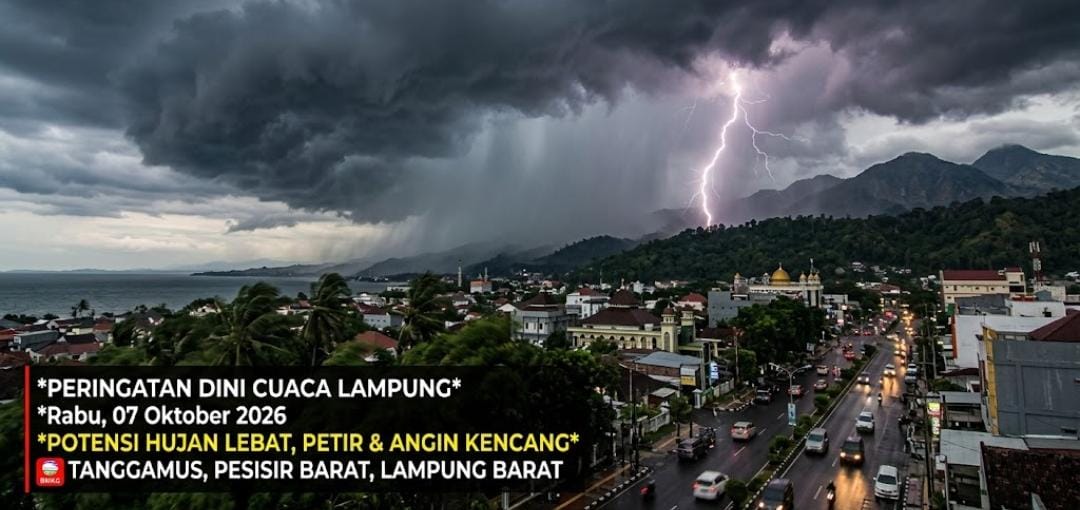 BMKG Lampung Peringatkan Cuaca Ekstrem 7 Oktober 2026, Tanggamus hingga Lampung Barat Diminta Waspada Siang Ini