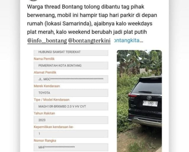 Mobil Dinas Pemkot Bontang Viral Terparkir Tiap Hari di Samarinda, Plat Merah Berganti Putih Saat Akhir Pekan