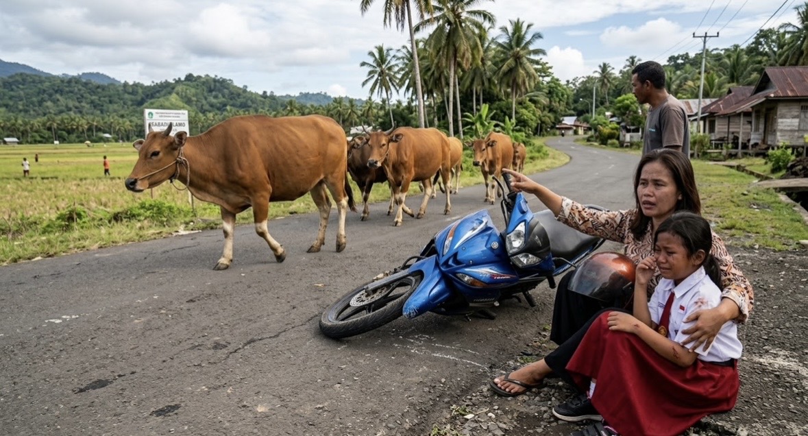 Ibu dan Anak di Halmahera Barat Jatuh dari Motor Usai Diadang Sapi di Lapangan Sasadu Lamo