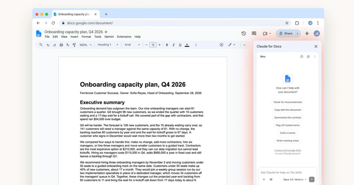 Claude Masuk Google Docs, Sheets, dan Slides Lewat Sidebar