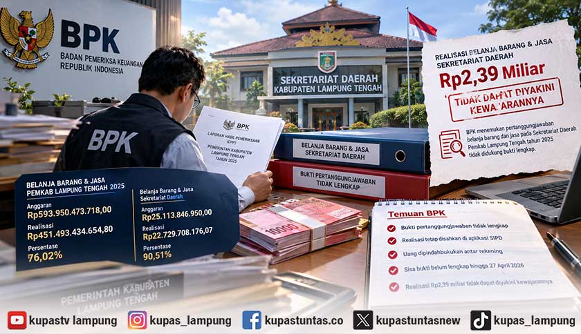 BPK Temukan Belanja Barang-Jasa Sekretariat Daerah Lampung Tengah Rp 2,39 Miliar Tak Wajar