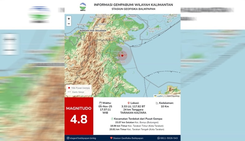 Gempa Semporna M 5,3 Terasa Lemah di Tarakan, BMKG Sebut Pusat Guncangan di Malaysia Tanpa Potensi Tsunami