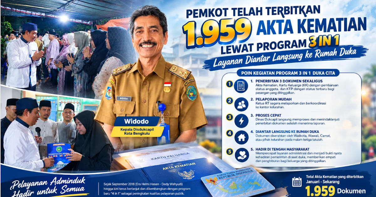 Pemkot Bengkulu Terbitkan 1.959 Akta Kematian Lewat Program 3 in 1, Dokumen Diantar ke Rumah Duka