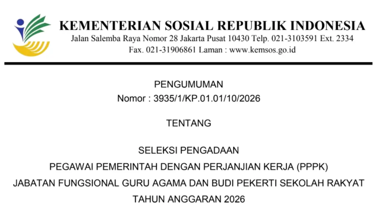 Kementerian Sosial Buka 331 Formasi PPPK Guru Agama Sekolah Rakyat 2026