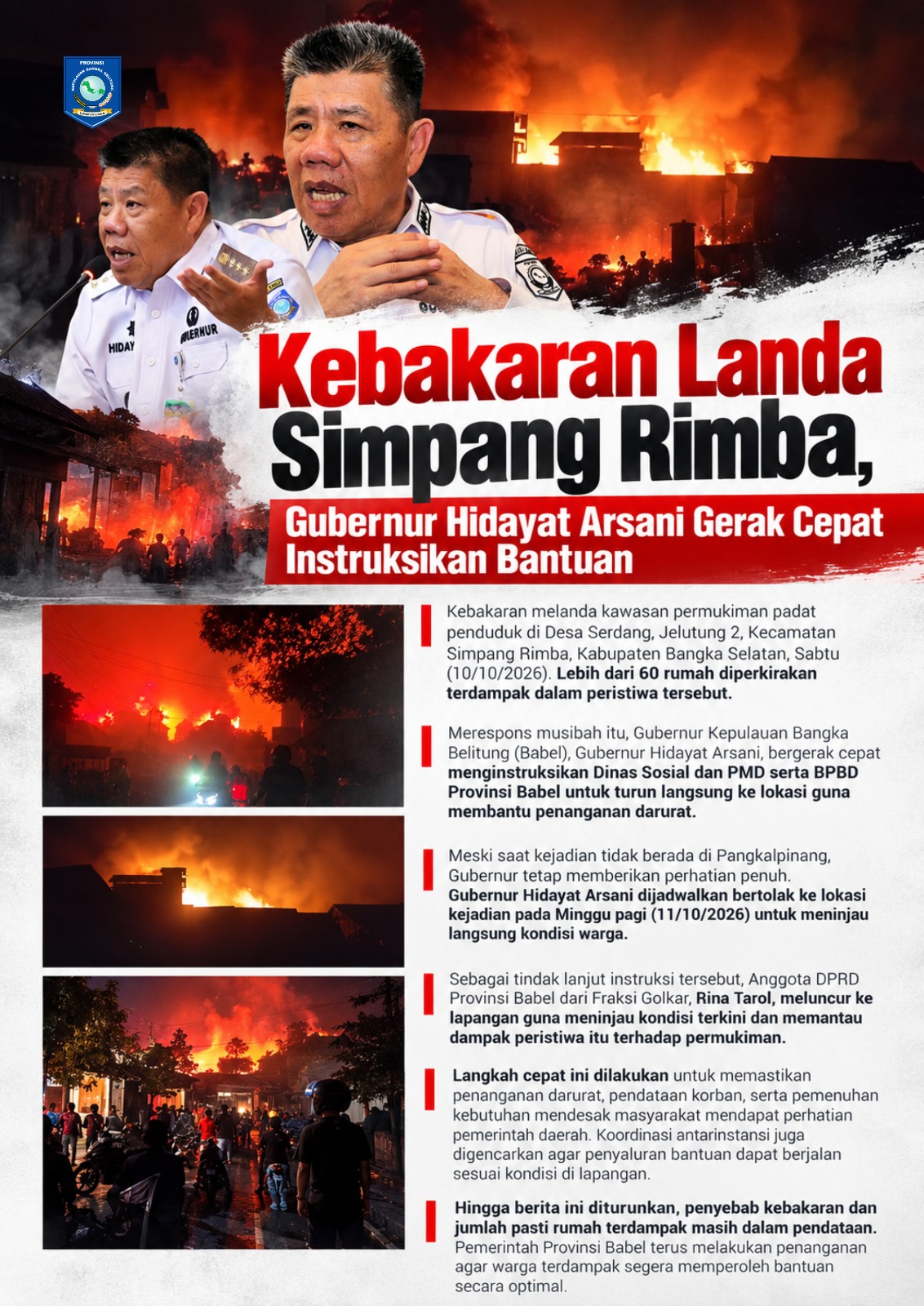 Kebakaran Hanguskan 60 Rumah di Simpang Rimba Bangka Selatan, Gubernur Babel Kirim Bantuan Darurat