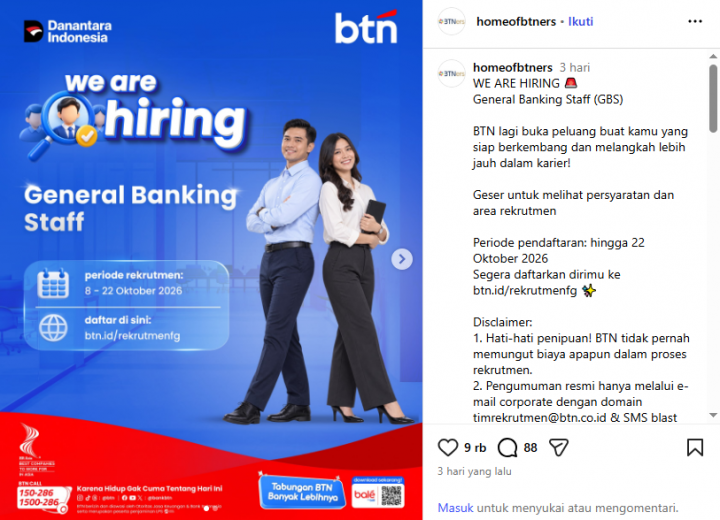 Bank BTN Buka Rekrutmen GBS 2026, Pendaftaran Ditutup 22 Oktober