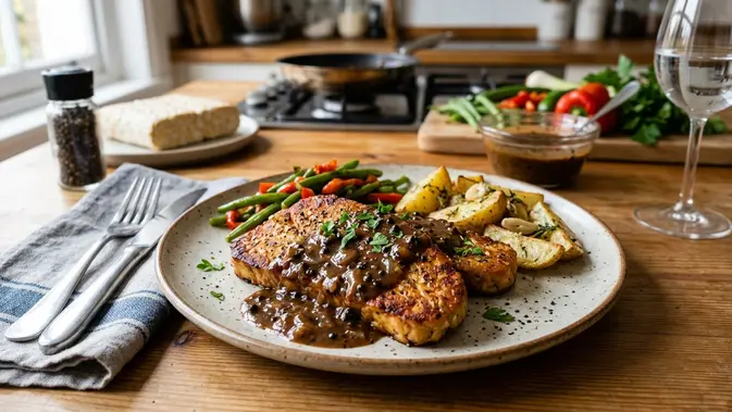 Steak Tempe dengan Saus Tomat Jamur, Menu Plant-Based Ekonomis untuk Sehari-hari