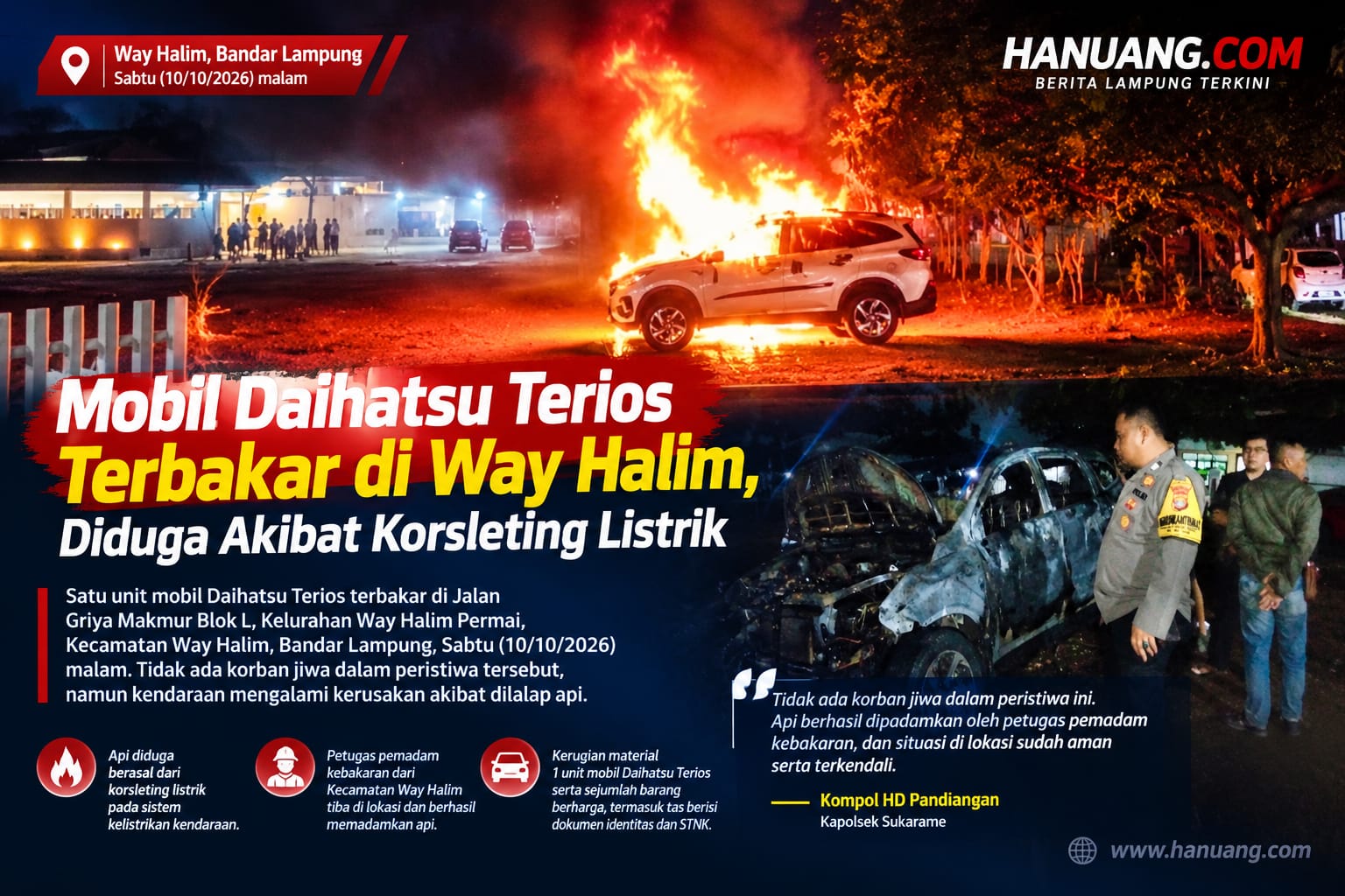 Mobil Daihatsu Terios Terbakar di Way Halim Bandar Lampung, Api Muncul dari Bawah Setir