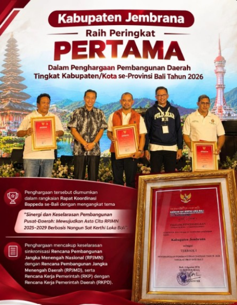 Kabupaten Jembrana Raih Peringkat Pertama Penghargaan Pembangunan Daerah Bali 2026