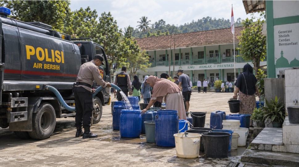 Polres Purwakarta Kirim Air Bersih ke SDN 2 Cicadas dan Pesantren Darul Khair Pakai Kendaraan Taktis AWC