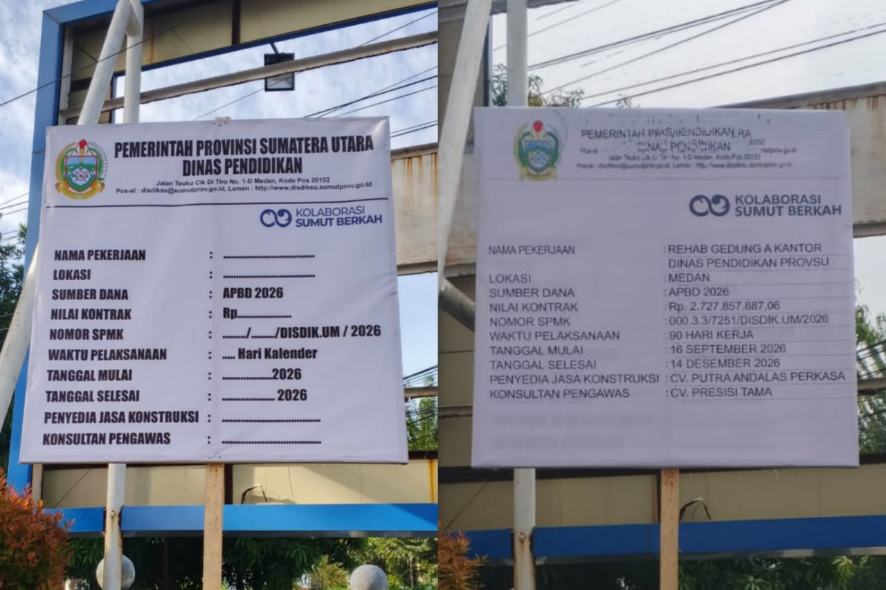Papan Proyek Rehab Gedung A Disdik Sumut Rp2,7 M Diganti Usai Sorotan Media, Pengerjaan Fisik Belum Jalan