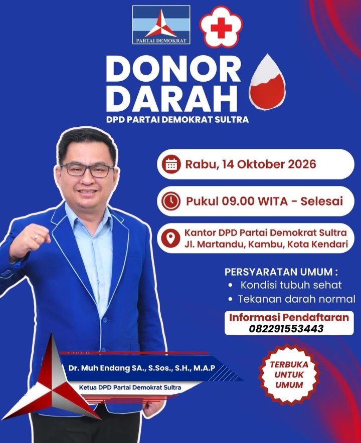 Partai Demokrat Sultra Gelar Donor Darah Bersama PMI di Kendari, Warga Umum Diundang Ikut