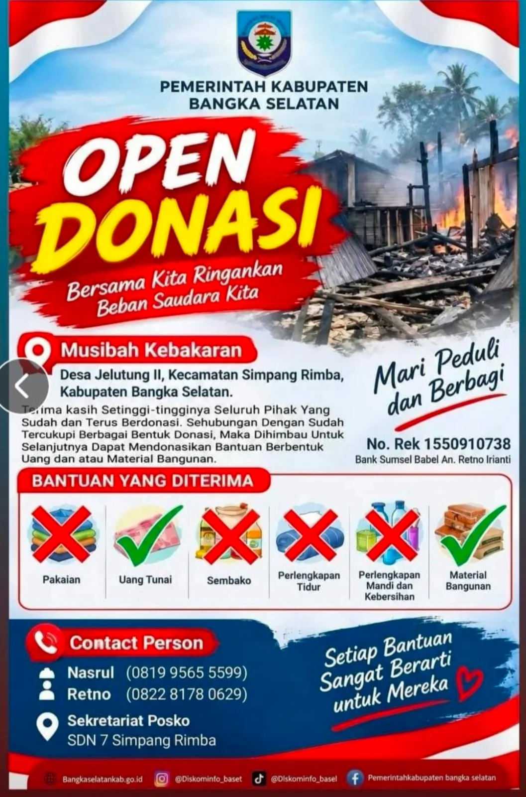 Pemkab Basel Alihkan Donasi Korban Kebakaran Jelutung II ke Uang Tunai dan Material Bangunan