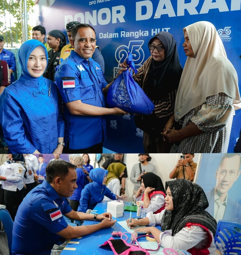 Gubernur Sulteng Anwar Hafid Donor Darah di HUT ke-25 Partai Demokrat, 500 Paket Sembako Dibagikan