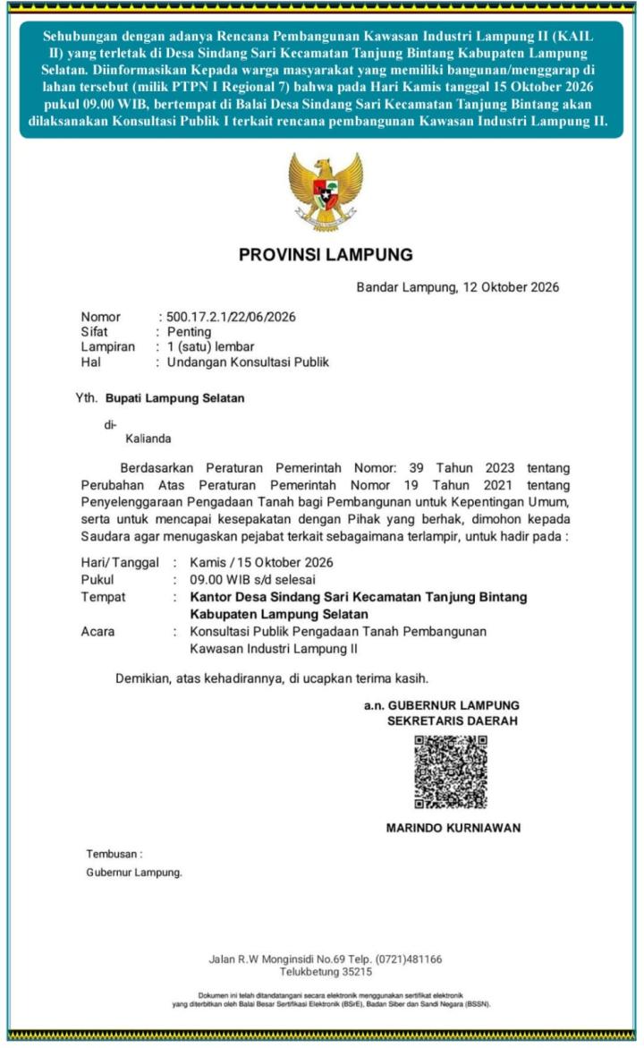 Pemkab Lampung Selatan Gelar Konsultasi Publik KAIL II di Sindang Sari, Warga Pemilik Bangunan Diundang