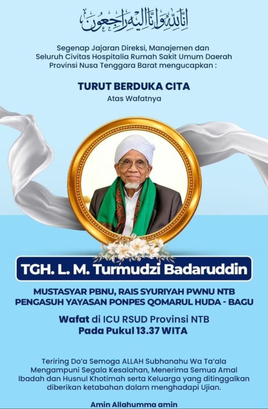 TGH Lalu Muhammad Turmudzi Badaruddin Wafat di Usia 90 Tahun, Gubernur NTB Ada di Detik Terakhir