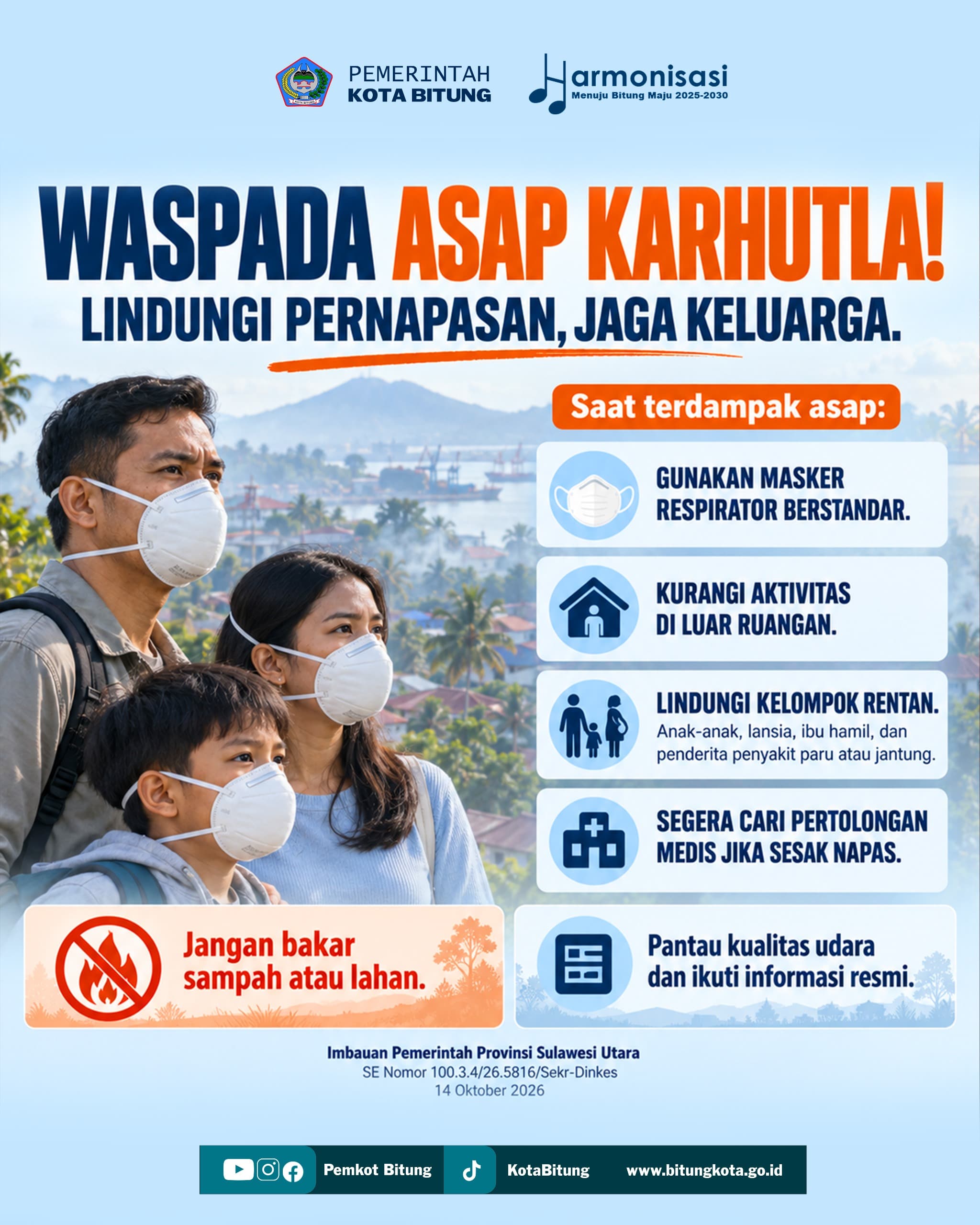 Wagub Sulut Terbitkan Edaran Kewaspadaan Kabut Asap Karhutla, Warga Bitung Diminta Pakai Masker Respirator