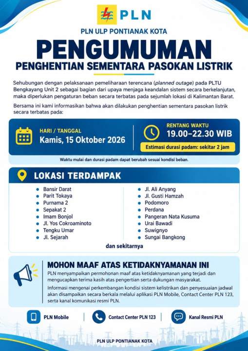 Pemeliharaan PLTU Bengkayang Unit 2, 12 Kabupaten dan Kota di Kalbar Berpotensi Alami Gangguan Listrik