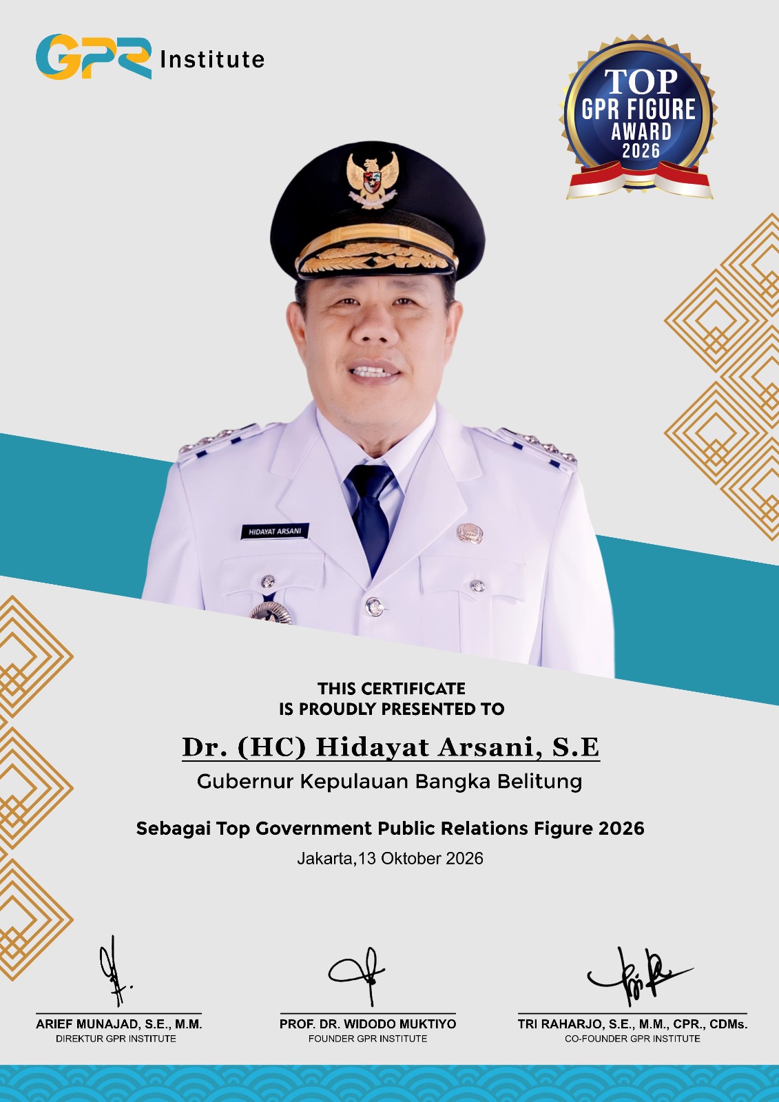 Gubernur Babel Hidayat Arsani Raih TOP GPR Figure Award 2026, Komunikasi Digital Pemprov Dinilai Efektif