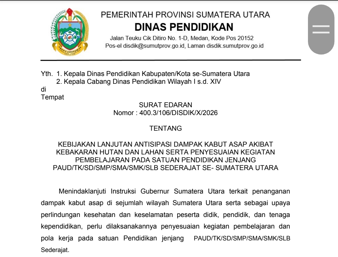 Disdik Sumut Perintahkan PJJ Serentak 16-21 Oktober 2026 di Seluruh Sekolah Akibat Kabut Asap