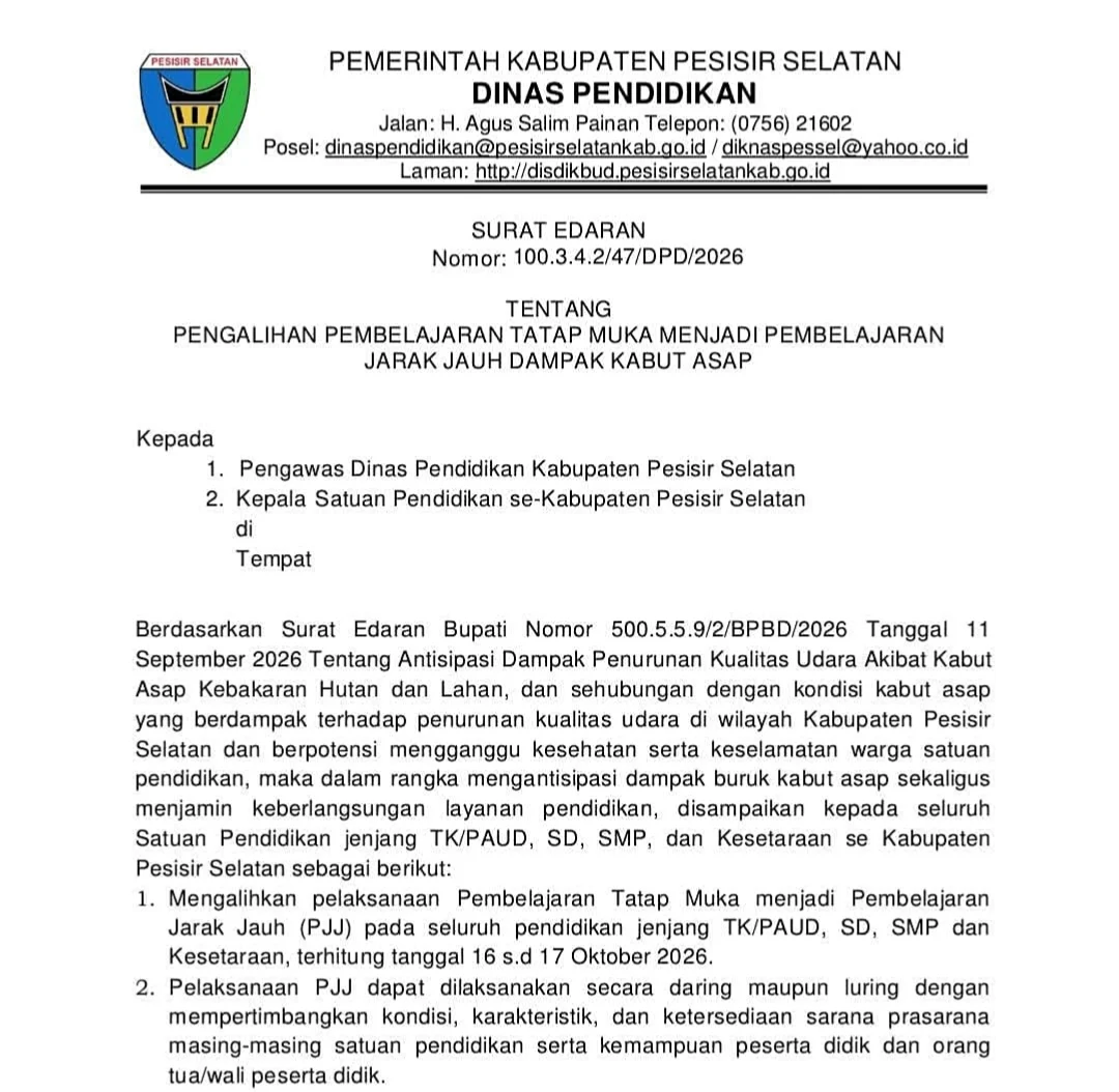 Kabut Asap di Sumbar Meluas, Pesisir Selatan Terapkan PJJ Dua Hari untuk TK hingga SMP