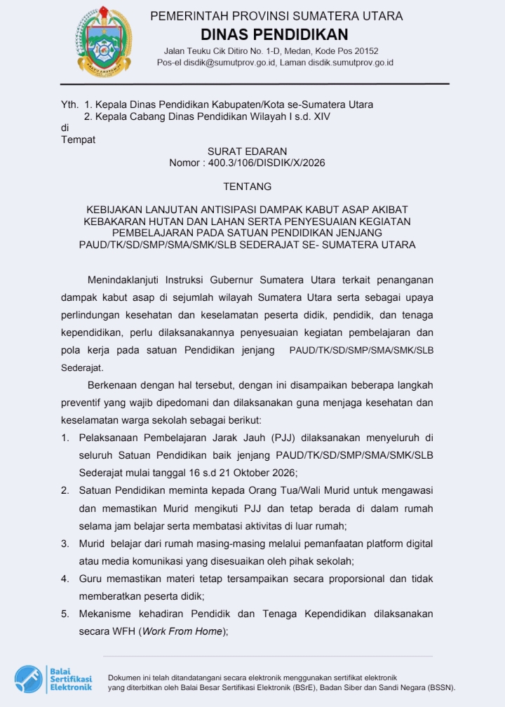 Disdik Sumut Berlakukan PJJ untuk Semua Jenjang Sekolah 16-21 Oktober 2026 Antisipasi Kabut Asap Karhutla