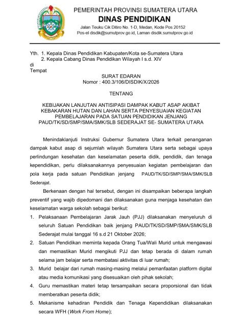 Disdik Sumut Instruksikan PJJ 16-21 Oktober 2026, Kabut Asap Karhutla Kian Berdampak