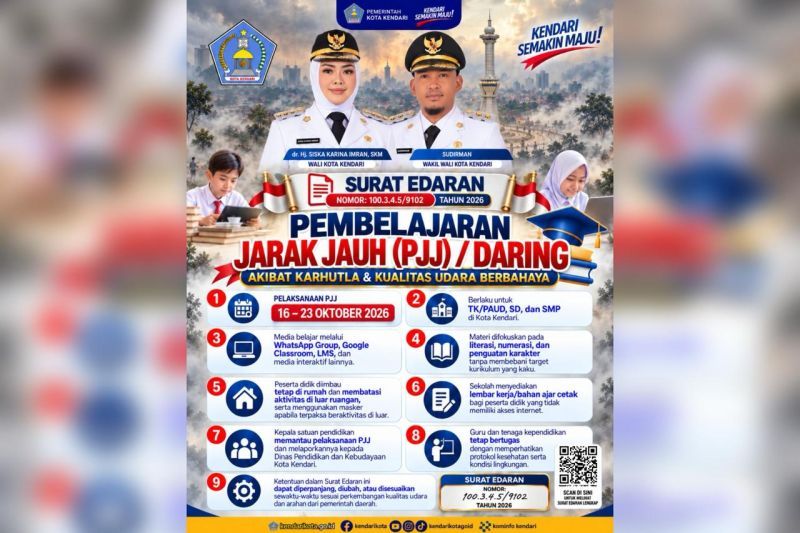 Pemkot Kendari Terapkan PJJ TK-SMP pada 16-23 Oktober 2026 Imbas Kabut Asap Karhutla