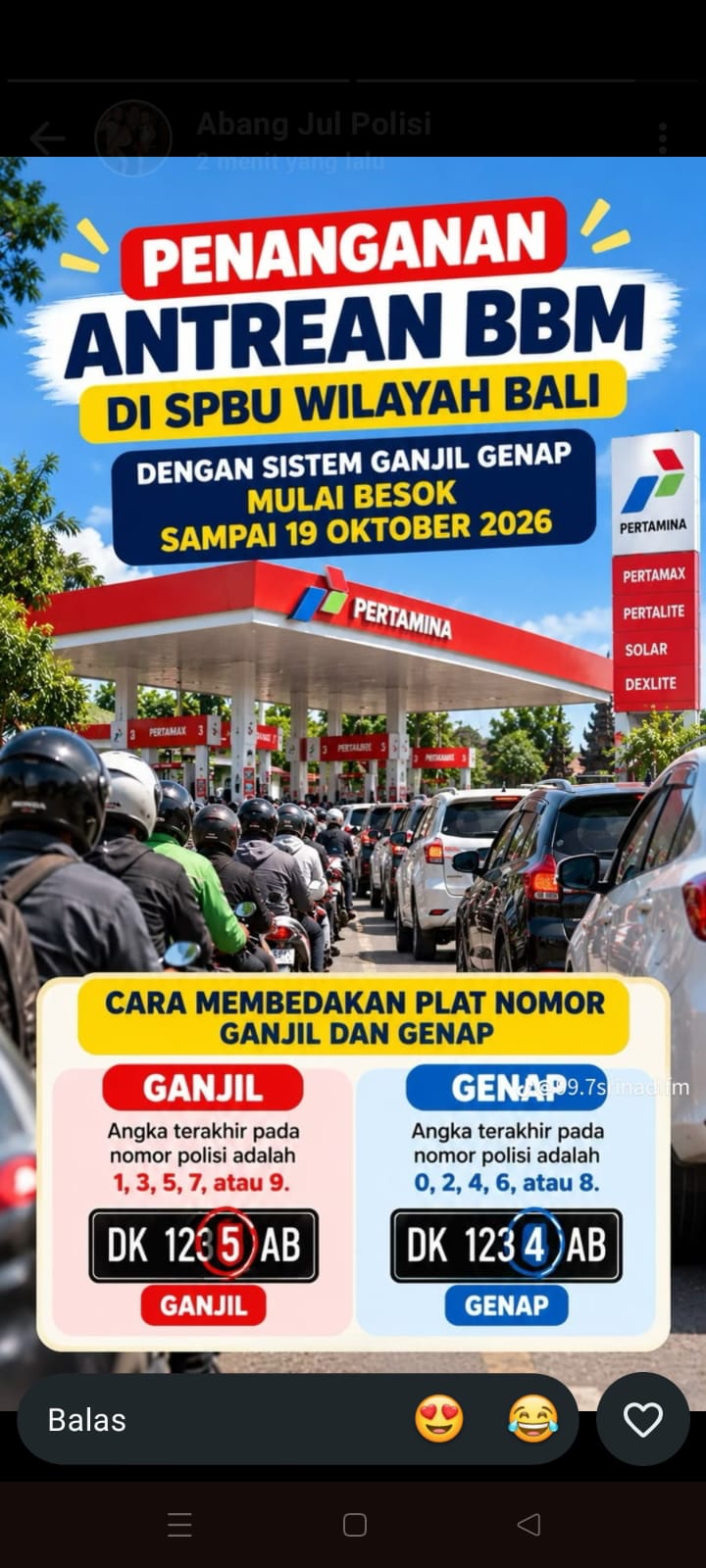 Gubernur Bali Wayan Koster Terapkan Ganjil Genap BBM 17–19 Oktober 2026, Pengisian Pertalite Dibatasi 20 Liter