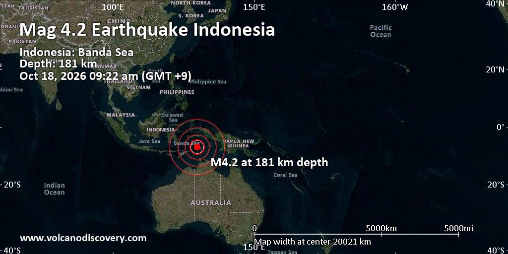Gempa Magnitudo 4,2 Guncang Banda Sea 58 Km Utara Pulau Dai Maluku, Kedalaman 181 Km