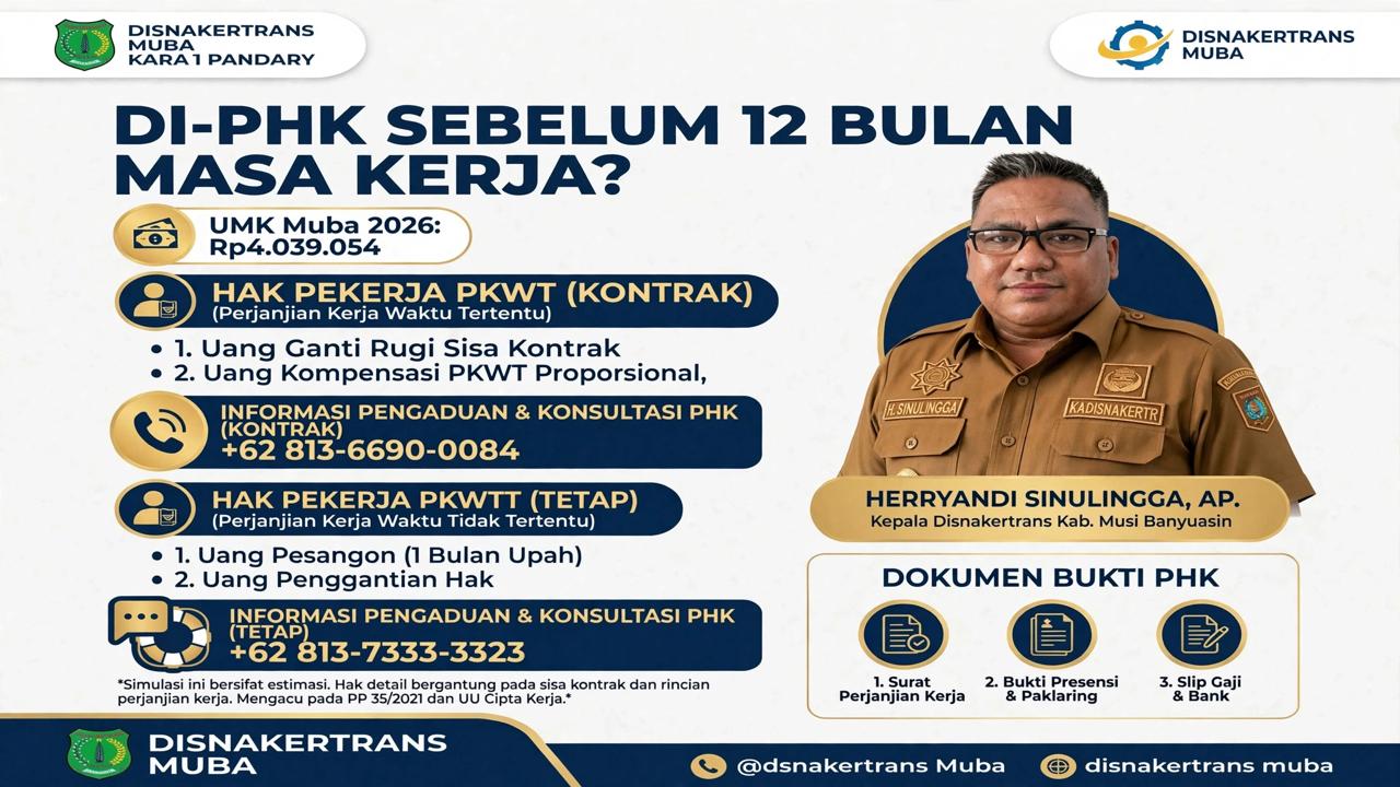 Disnakertrans Muba Tegaskan Pekerja PKWT dan PKWTT Tetap Berhak atas Kompensasi meski Di-PHK Sebelum 12 Bulan