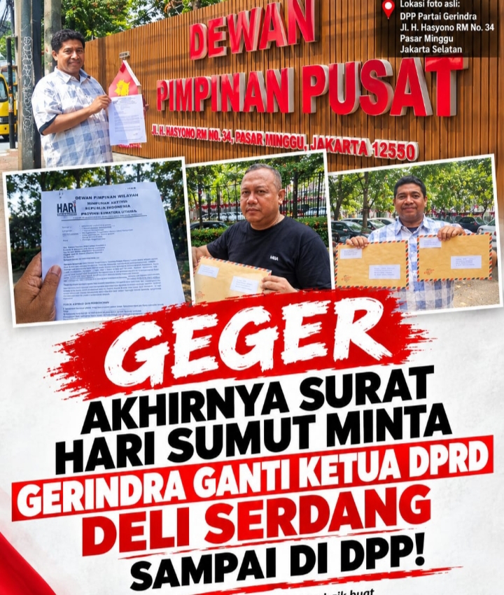 DPW HARI Sumut Minta DPP Gerindra Ganti Ketua DPRD Deli Serdang Zakky Shahri, Serahkan Surat ke Kantor Pasar Minggu